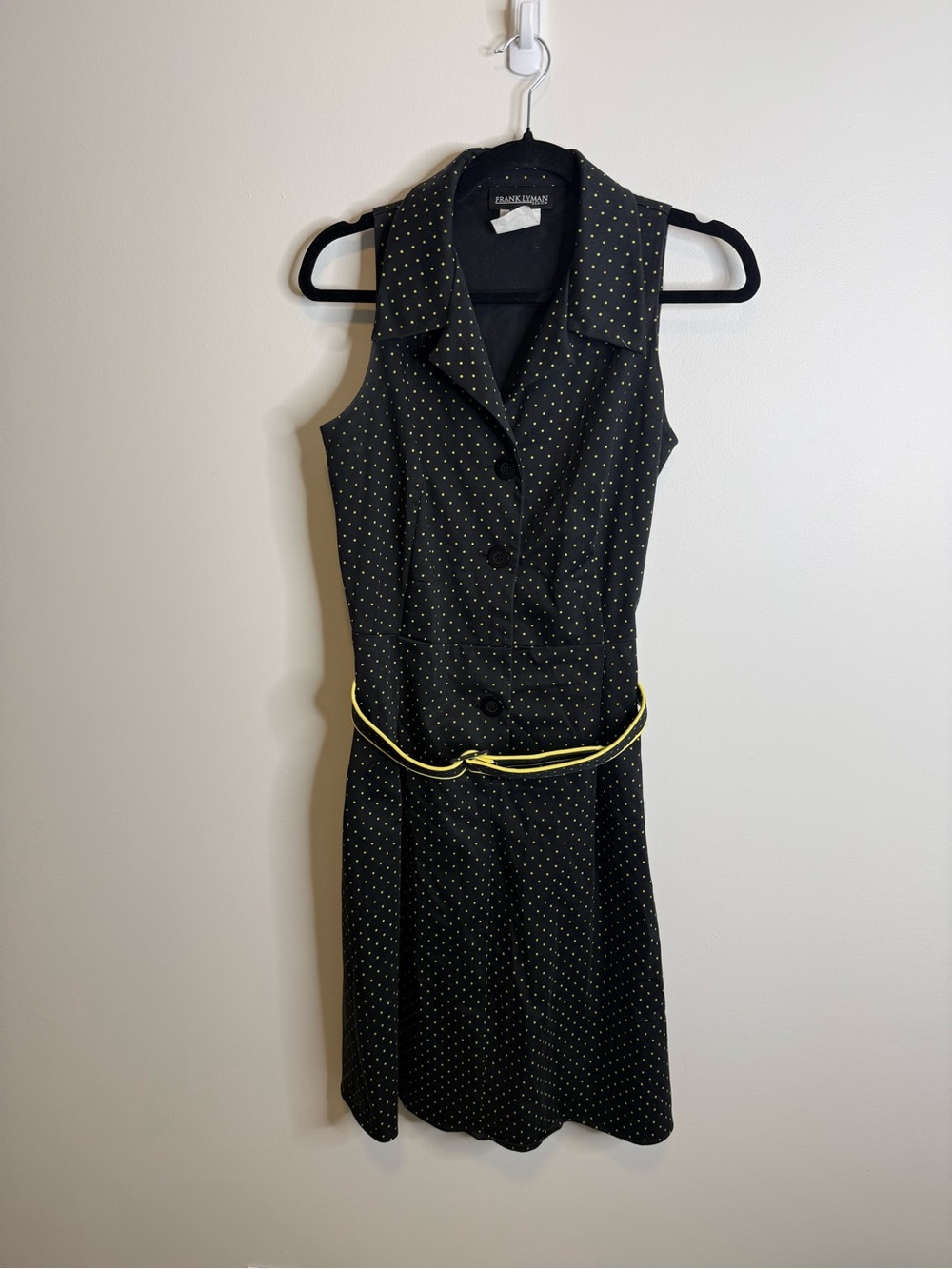 Frank Lyman Design Black Polka Dot Midi Dress with Yellow Belt